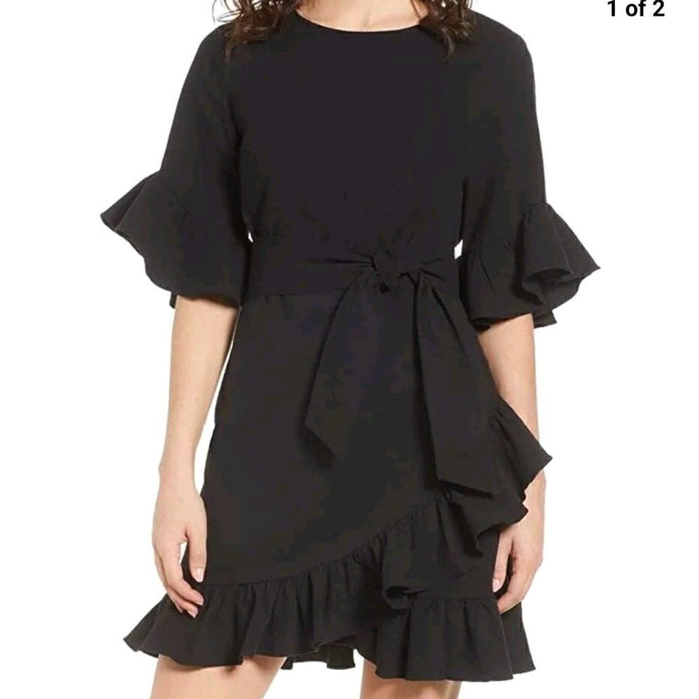 1.State Black Textured Asymmetrical Ruffle Edge Trim Belted Mini Dress Size 0